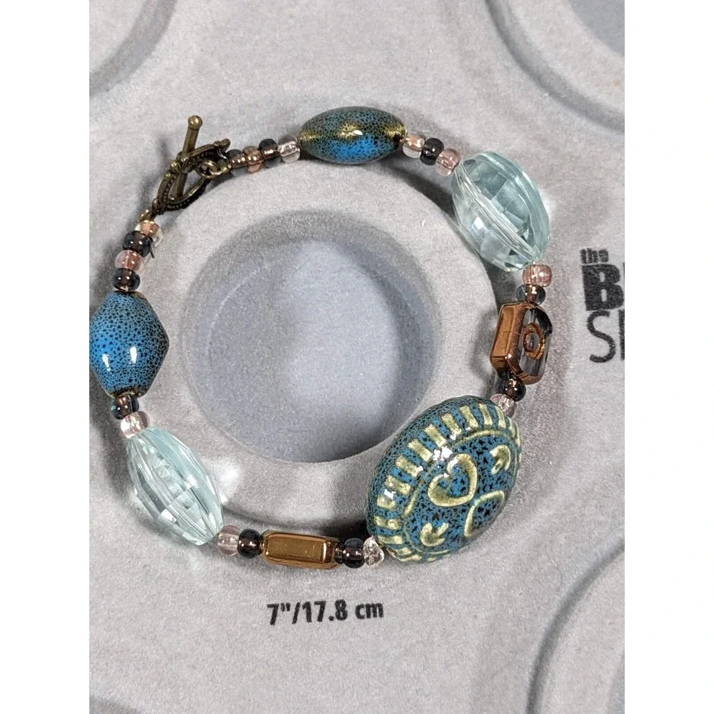 Boho Green Blue Ceramic‎ & Glass Bead Toggle Bracelet 7